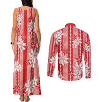 Hawaii Kakau Tribal Couples Matching Tank Maxi Dress and Long Sleeve Button Shirt With Red Tiare LT05 - Polynesian Pride