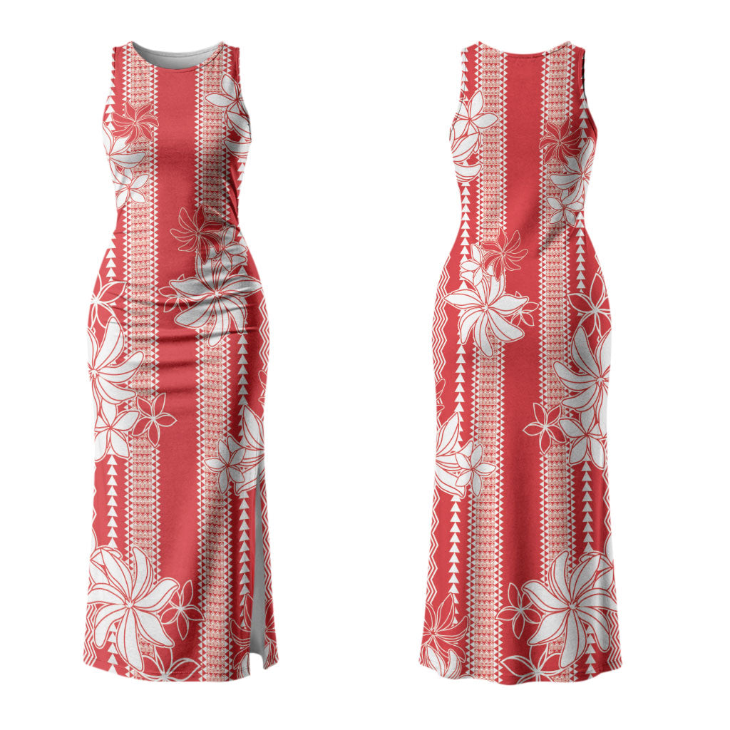 Hawaii Kakau Tribal Couples Matching Tank Maxi Dress and Long Sleeve Button Shirt With Red Tiare LT05 - Polynesian Pride