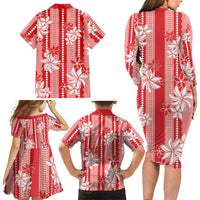 Hawaii Kakau Tribal Family Matching Long Sleeve Bodycon Dress and Hawaiian Shirt With Red Tiare LT05 - Polynesian Pride