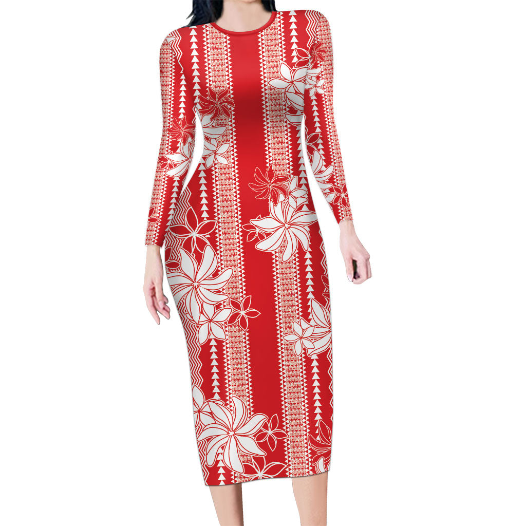 Hawaii Kakau Tribal Family Matching Long Sleeve Bodycon Dress and Hawaiian Shirt With Red Tiare LT05 Mom's Dress Red - Polynesian Pride