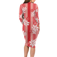 Hawaii Kakau Tribal Family Matching Long Sleeve Bodycon Dress and Hawaiian Shirt With Red Tiare LT05 - Polynesian Pride
