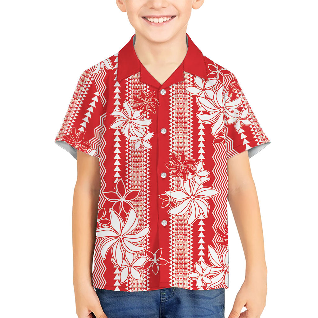 Hawaii Kakau Tribal Family Matching Long Sleeve Bodycon Dress and Hawaiian Shirt With Red Tiare LT05 Son's Shirt Red - Polynesian Pride