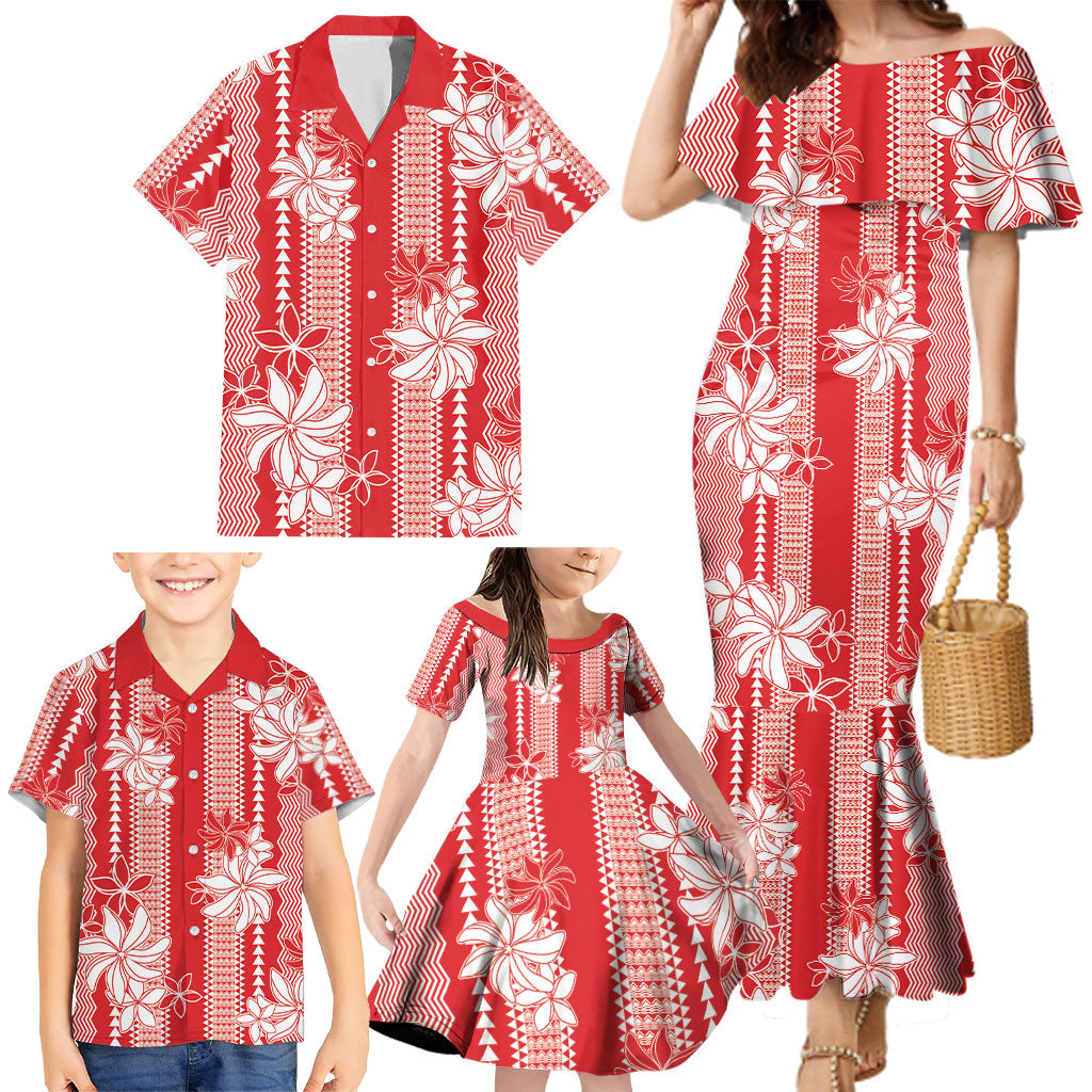 Hawaii Kakau Tribal Family Matching Mermaid Dress and Hawaiian Shirt With Red Tiare LT05 - Polynesian Pride