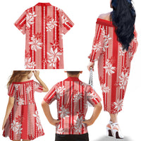 Hawaii Kakau Tribal Family Matching Off The Shoulder Long Sleeve Dress and Hawaiian Shirt With Red Tiare LT05 - Polynesian Pride