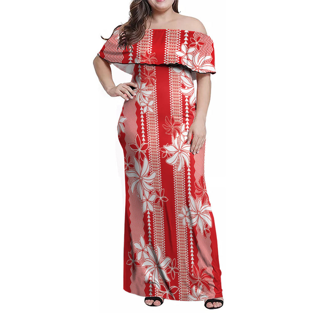 Hawaii Kakau Tribal Family Matching Off Shoulder Maxi Dress and Hawaiian Shirt With Red Tiare LT05 Mom's Dress Red - Polynesian Pride