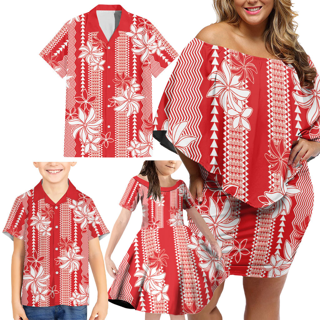 Hawaii Kakau Tribal Family Matching Off Shoulder Short Dress and Hawaiian Shirt With Red Tiare LT05 - Polynesian Pride