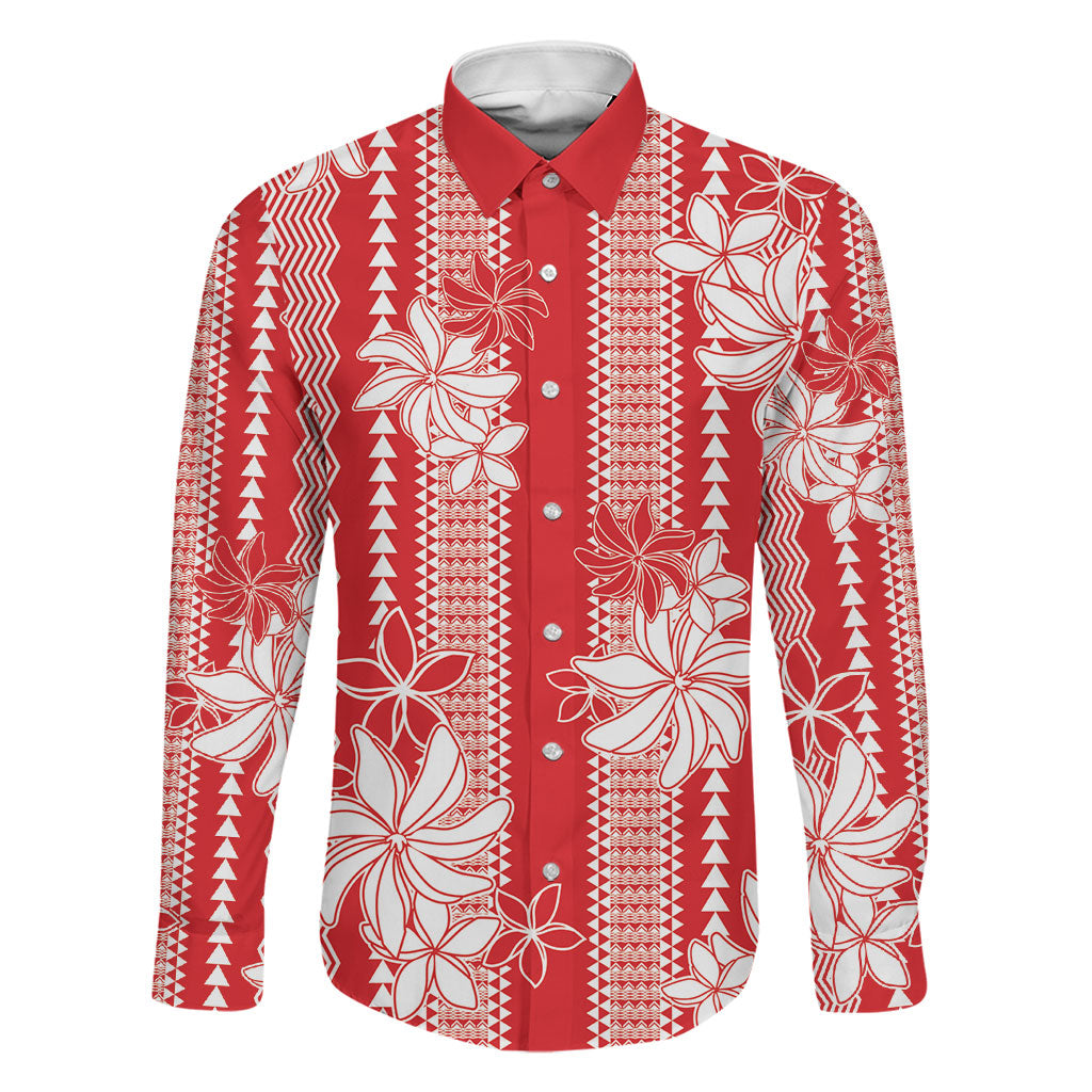 Hawaii Kakau Tribal Family Matching Off Shoulder Short Dress and Hawaiian Shirt With Red Tiare LT05 Dad's Shirt - Long Sleeve Red - Polynesian Pride