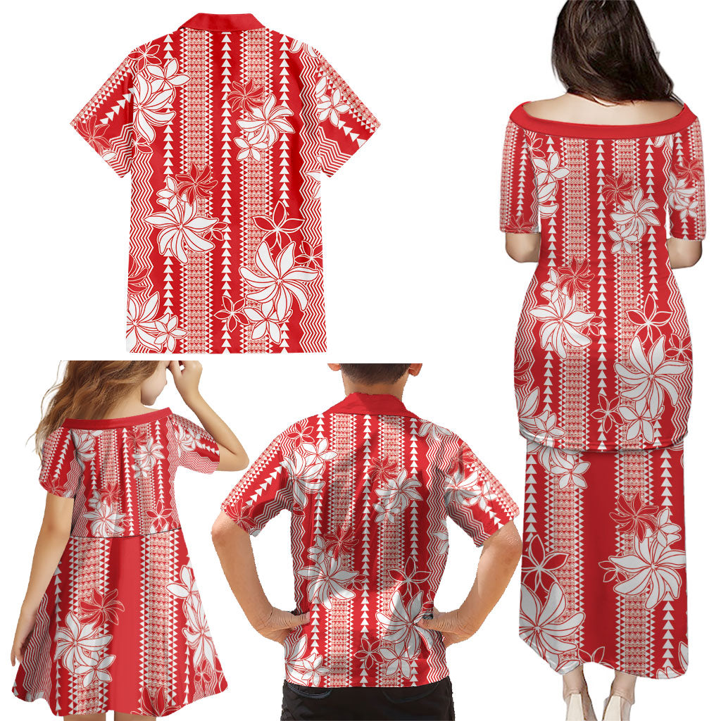 Hawaii Kakau Tribal Family Matching Puletasi and Hawaiian Shirt With Red Tiare LT05 - Polynesian Pride