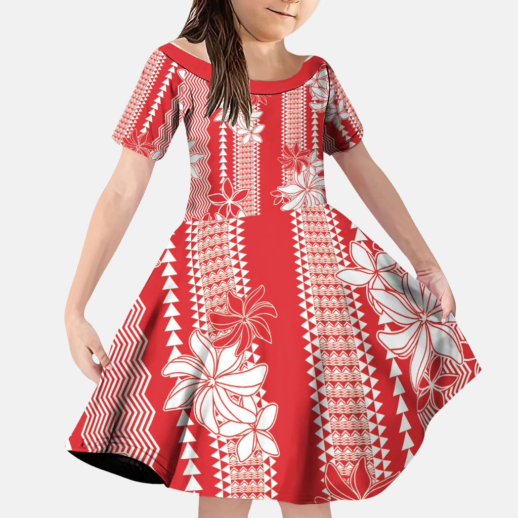 Hawaii Kakau Tribal Family Matching Summer Maxi Dress and Hawaiian Shirt With Red Tiare LT05 Daughter's Dress Red - Polynesian Pride