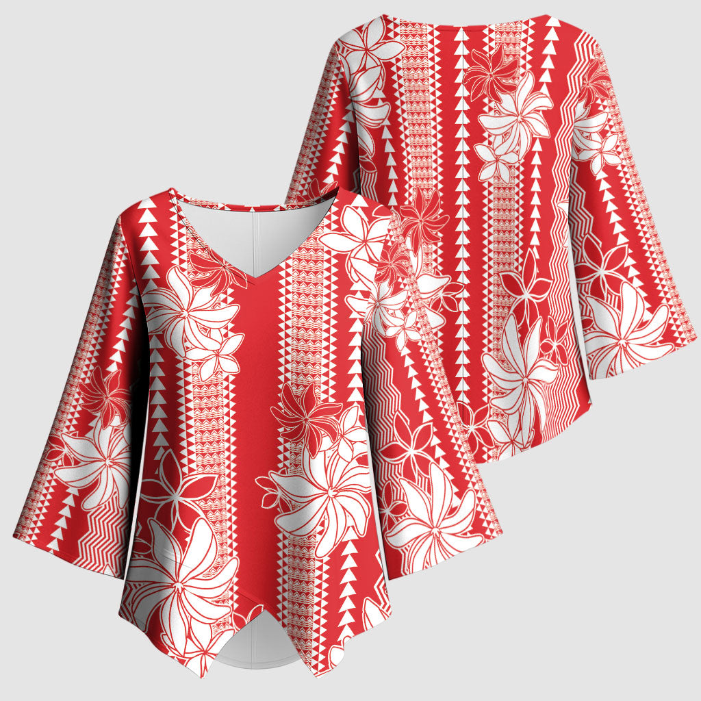 Hawaii Kakau Tribal Kimono Sleeve Blouse With Red Tiare