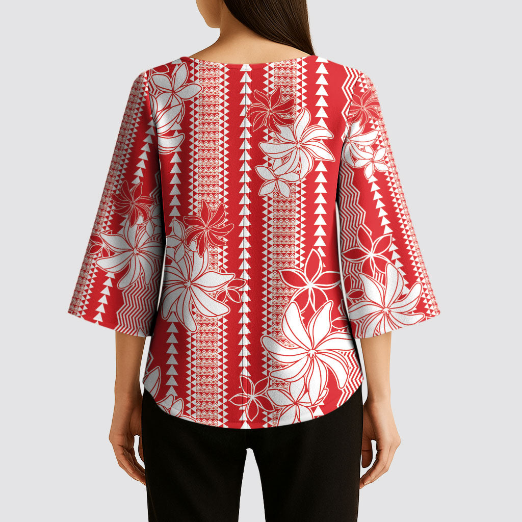 Hawaii Kakau Tribal Kimono Sleeve Blouse With Red Tiare