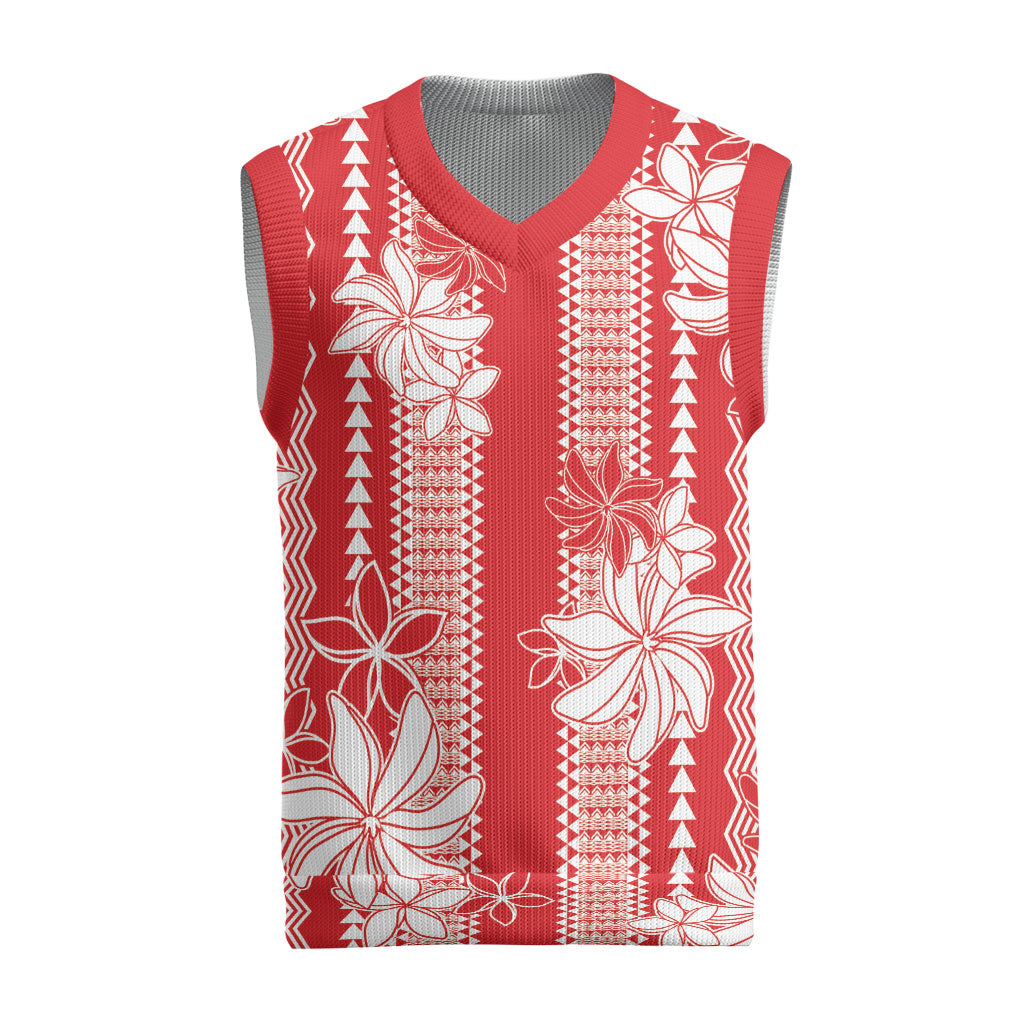 Hawaii Kakau Tribal Christmas Knitted V-Neck Vest With Red Tiare LT05 Red - Polynesian Pride