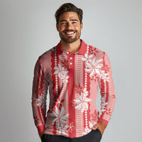 Hawaii Kakau Tribal Long Sleeve Polo Shirt With Red Tiare