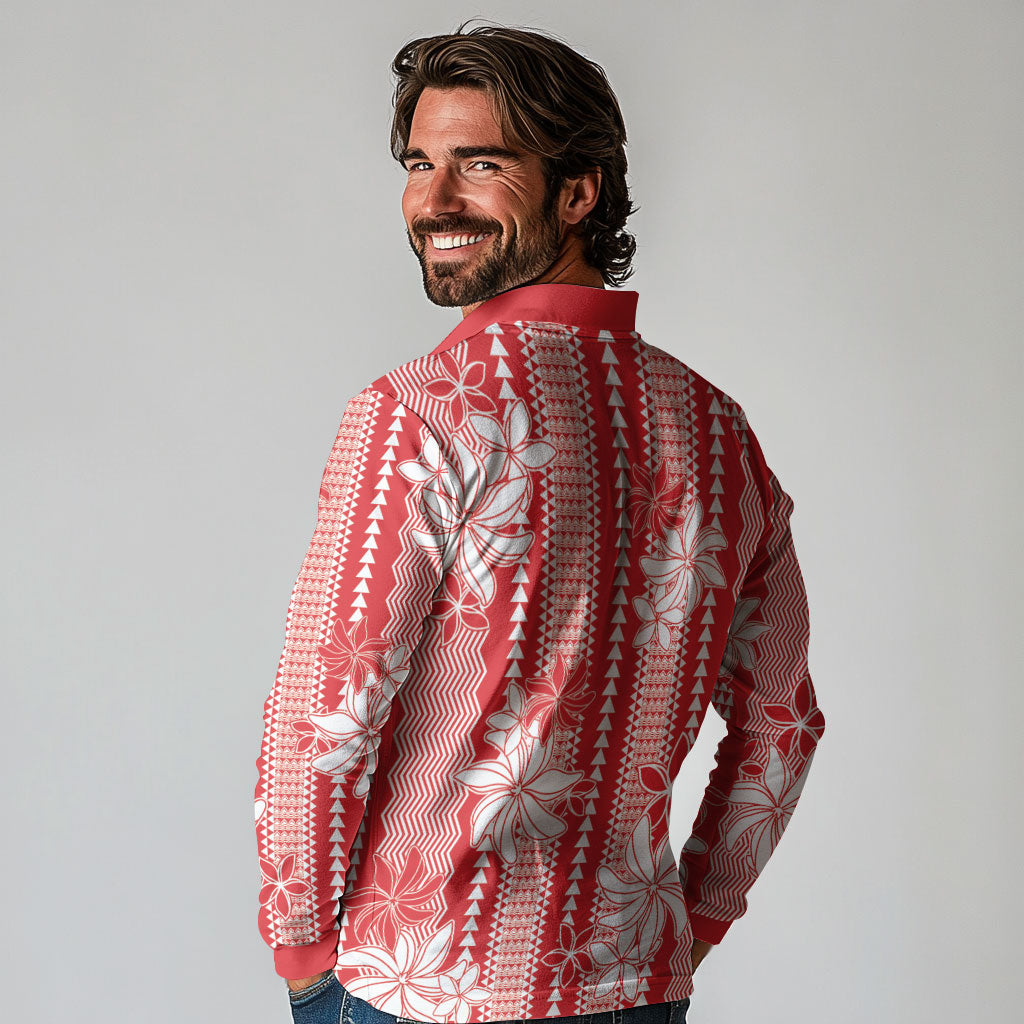 Hawaii Kakau Tribal Long Sleeve Polo Shirt With Red Tiare