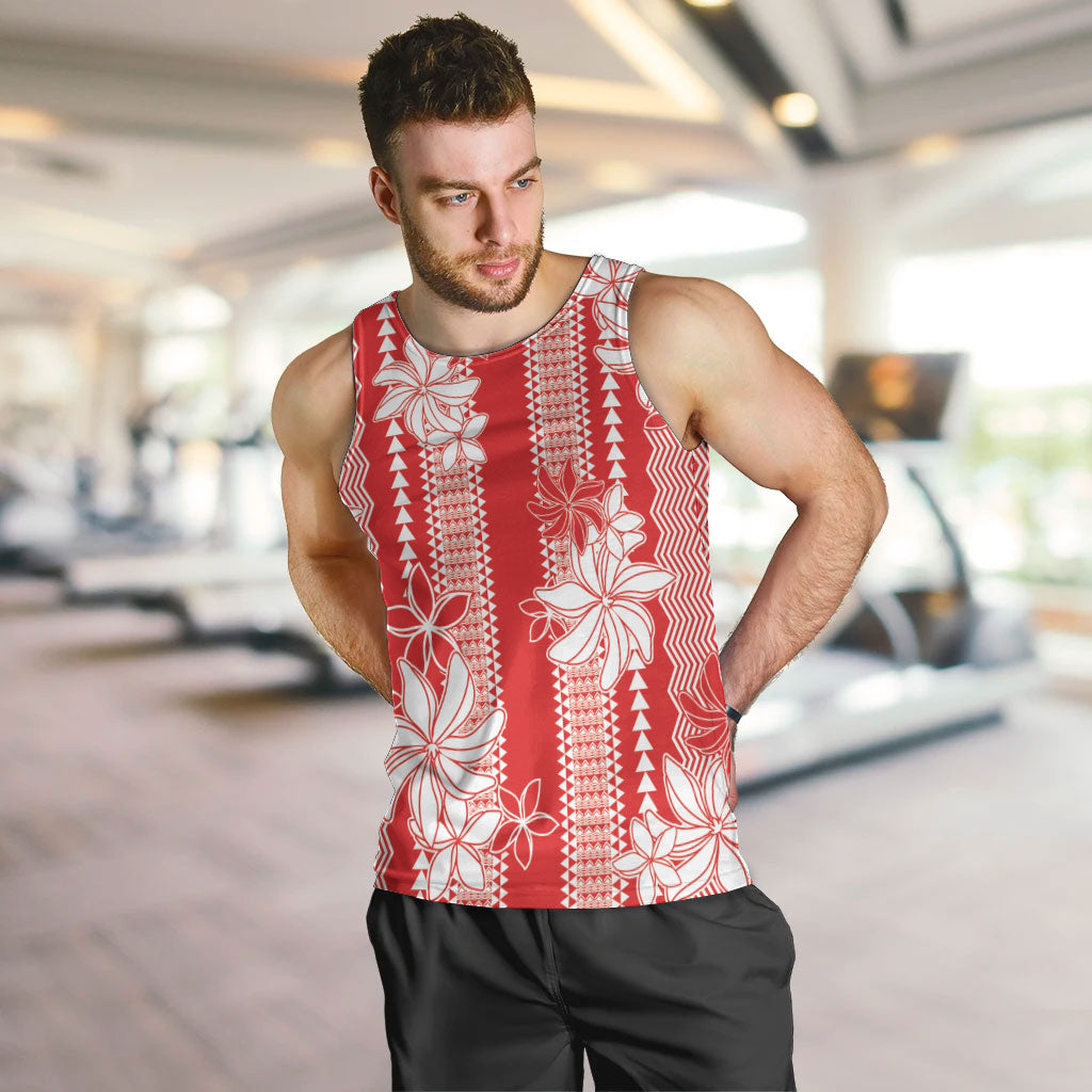 Hawaii Kakau Tribal Men Tank Top With Red Tiare LT05 Red - Polynesian Pride