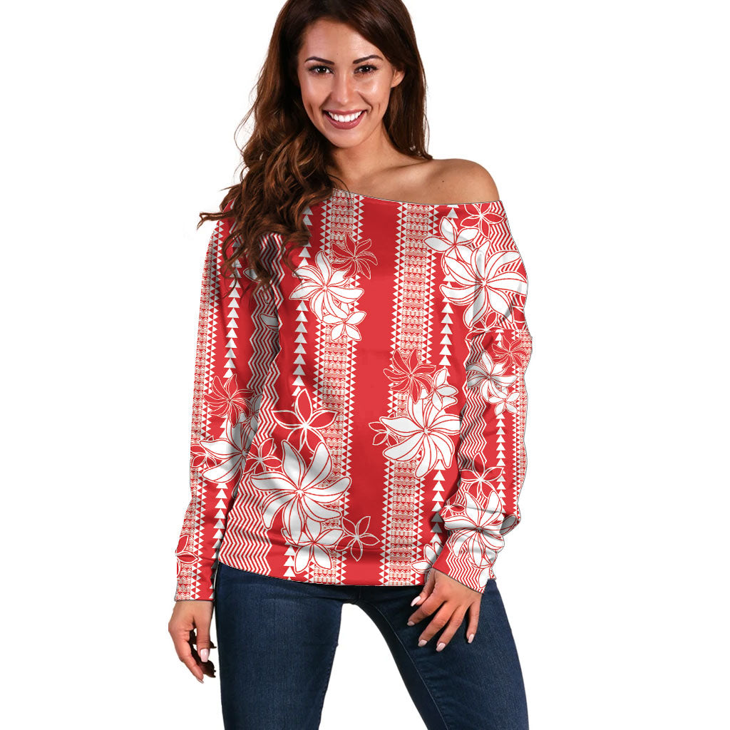 Hawaii Kakau Tribal Off Shoulder Sweater With Red Tiare