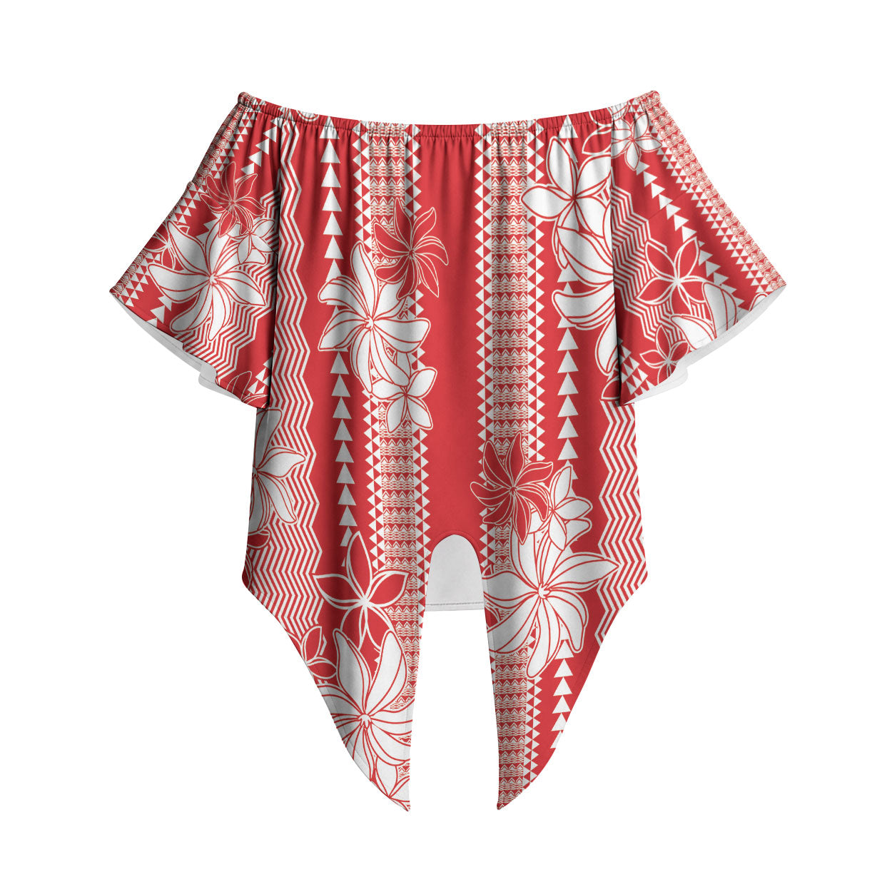 Hawaii Kakau Tribal Off Shoulder Wrap Waist Top With Red Tiare LT05 Red - Polynesian Pride