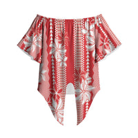 Hawaii Kakau Tribal Off Shoulder Wrap Waist Top With Red Tiare LT05 Red - Polynesian Pride