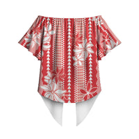 Hawaii Kakau Tribal Off Shoulder Wrap Waist Top With Red Tiare LT05 - Polynesian Pride
