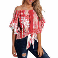 Hawaii Kakau Tribal Off Shoulder Wrap Waist Top With Red Tiare LT05 - Polynesian Pride