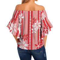 Hawaii Kakau Tribal Off Shoulder Wrap Waist Top With Red Tiare LT05 - Polynesian Pride