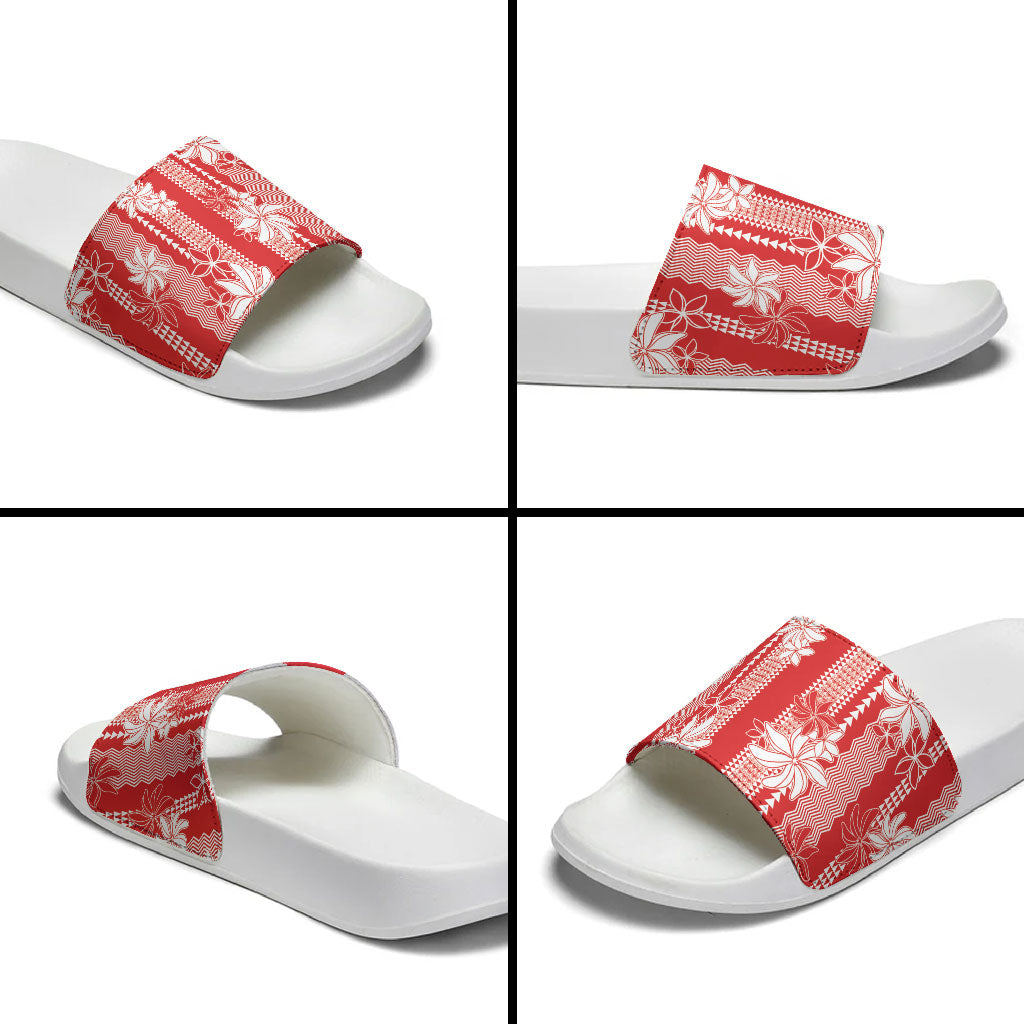 Hawaii Kakau Tribal Slide Sandals With Red Tiare LT05 - Polynesian Pride