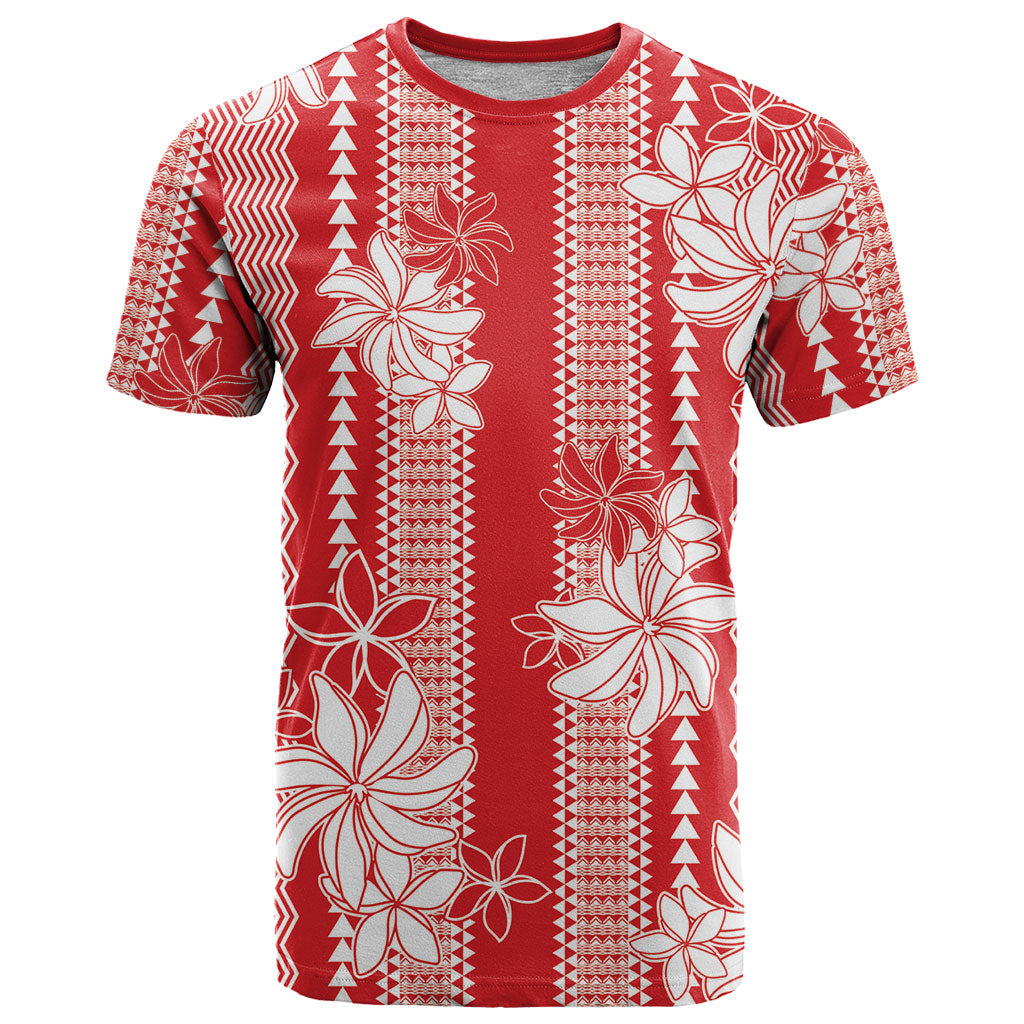 Hawaii Kakau Tribal T Shirt With Red Tiare LT05 Red - Polynesian Pride