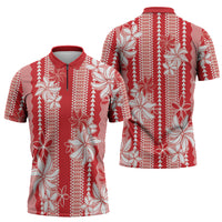 Hawaii Kakau Tribal Zipper Polo Shirt With Red Tiare