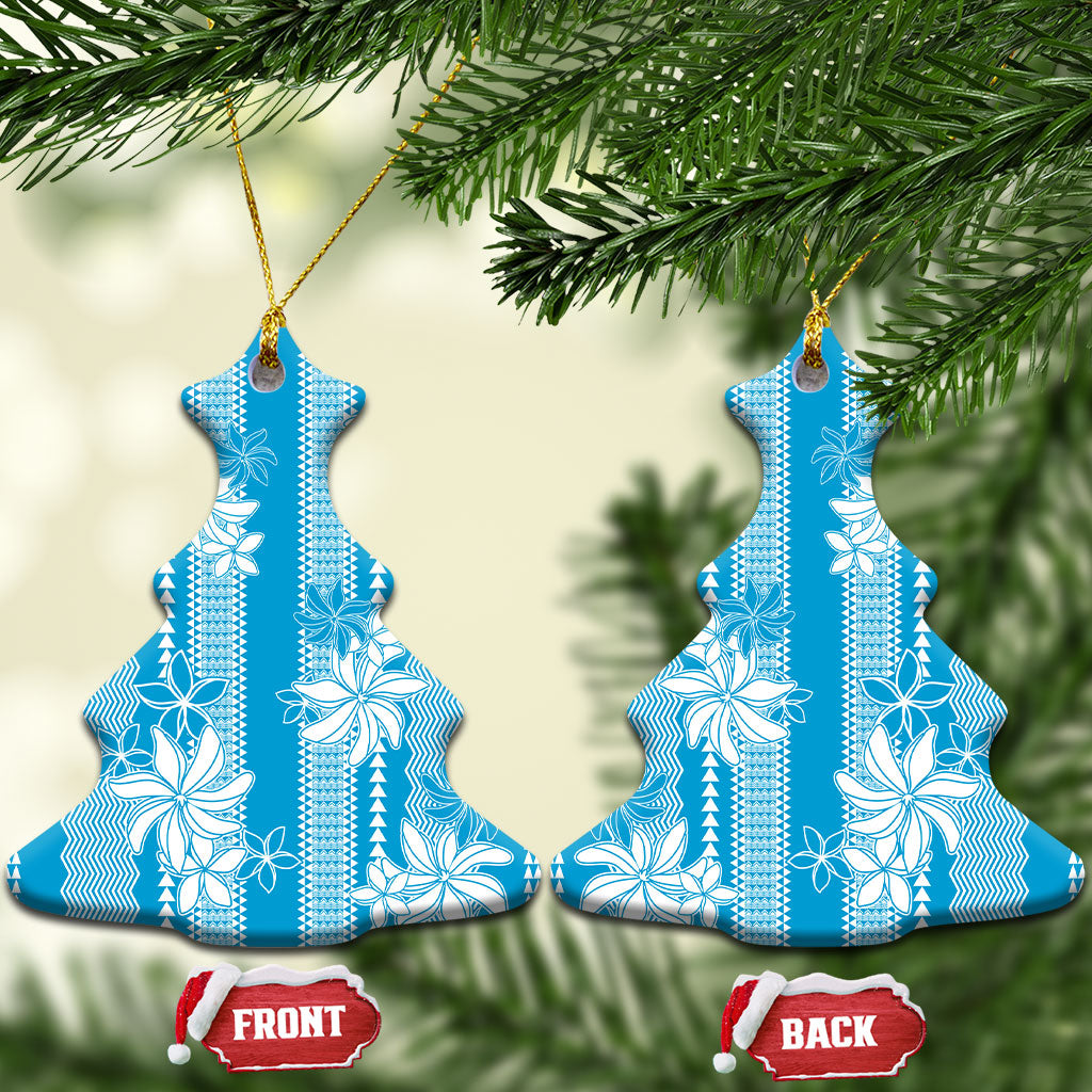 Hawaii Kakau Tribal Ceramic Ornament With Blue Tiare