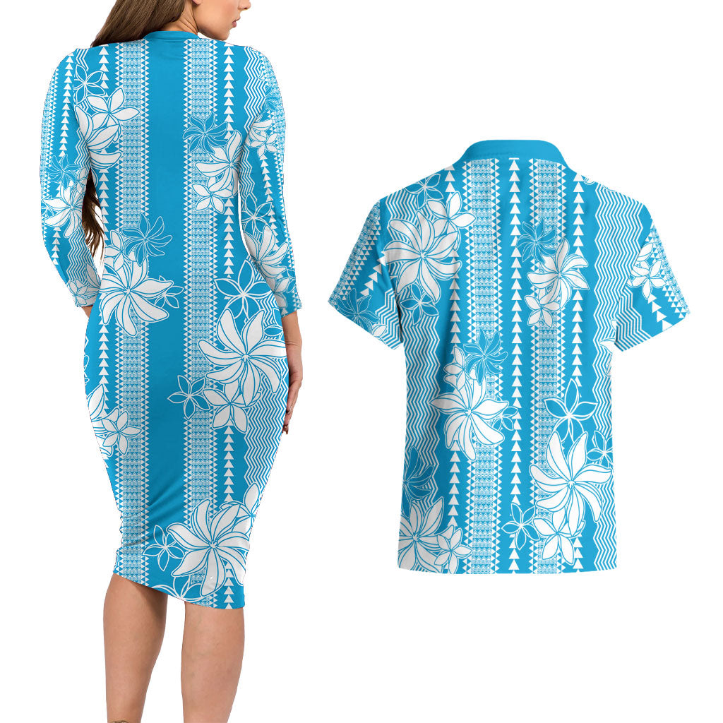 Hawaii Kakau Tribal Couples Matching Long Sleeve Bodycon Dress and Hawaiian Shirt With Blue Tiare LT05 - Polynesian Pride