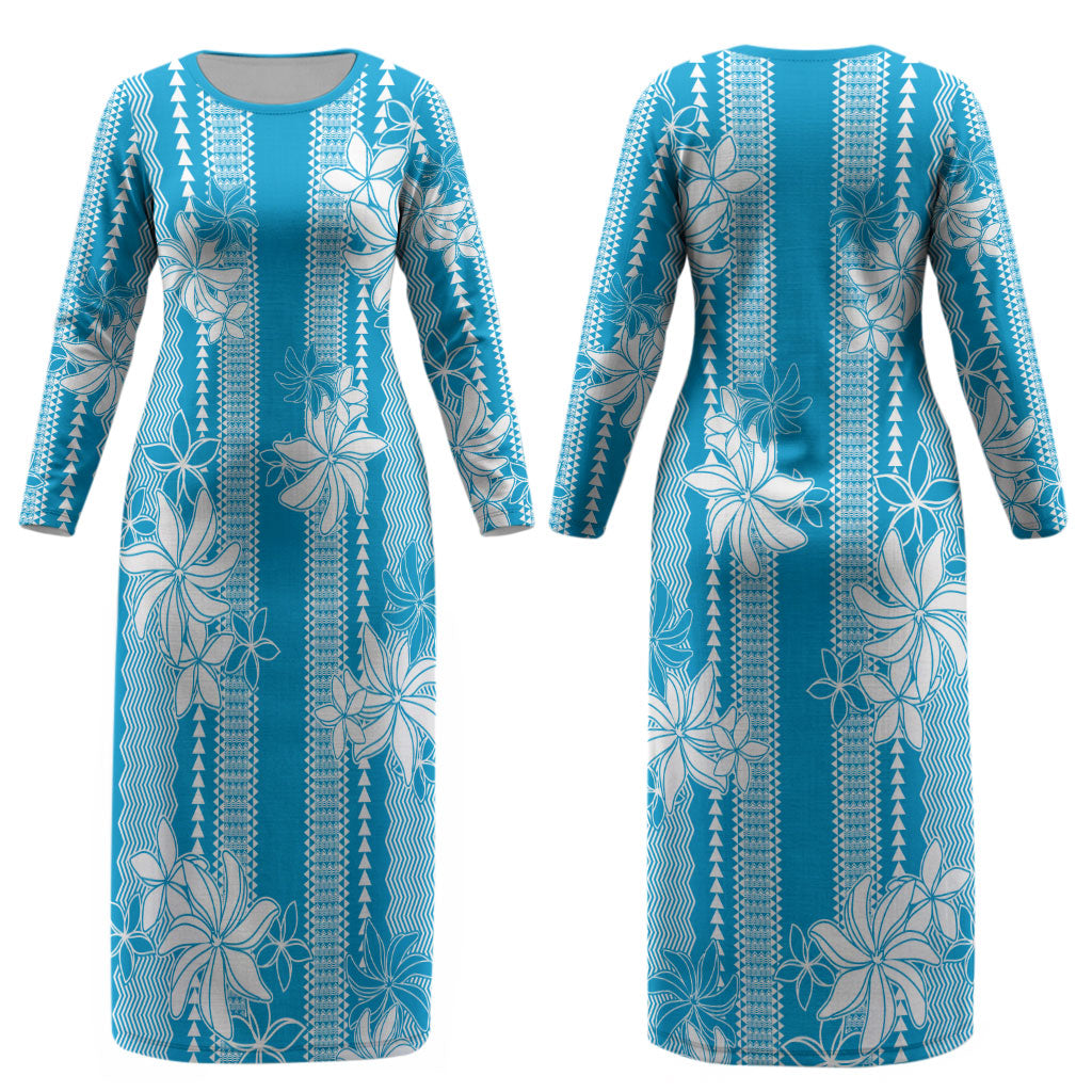 Hawaii Kakau Tribal Couples Matching Long Sleeve Bodycon Dress and Hawaiian Shirt With Blue Tiare LT05 - Polynesian Pride