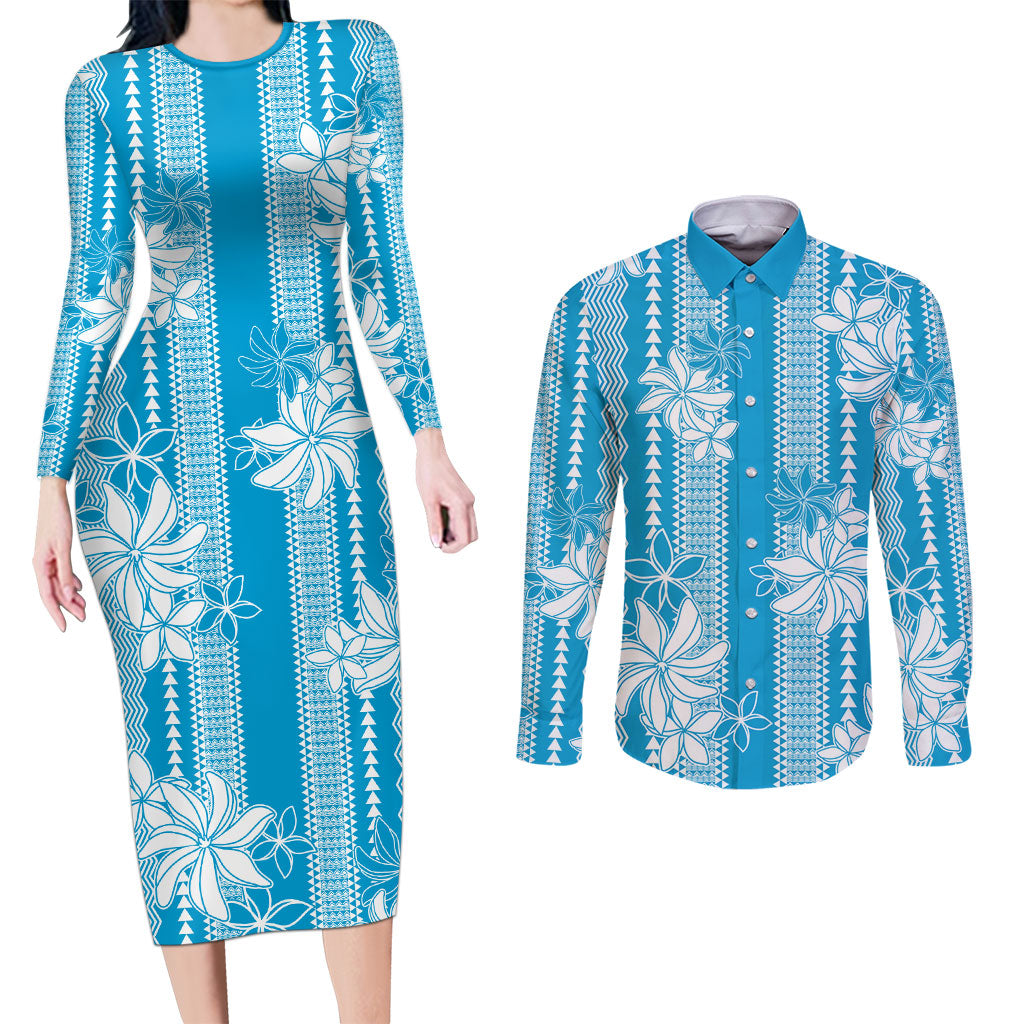 Hawaii Kakau Tribal Couples Matching Long Sleeve Bodycon Dress and Long Sleeve Button Shirt With Blue Tiare LT05 Blue - Polynesian Pride