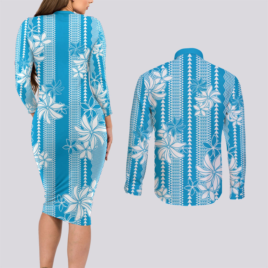 Hawaii Kakau Tribal Couples Matching Long Sleeve Bodycon Dress and Long Sleeve Button Shirt With Blue Tiare LT05 - Polynesian Pride