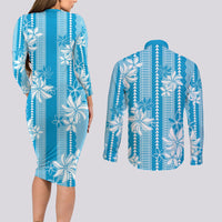 Hawaii Kakau Tribal Couples Matching Long Sleeve Bodycon Dress and Long Sleeve Button Shirt With Blue Tiare LT05 - Polynesian Pride