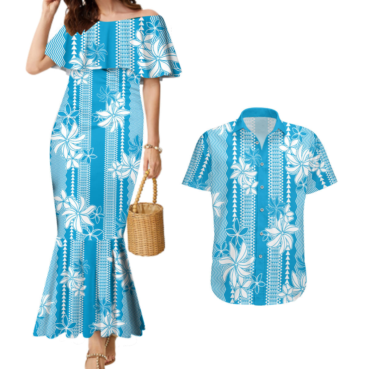 Hawaii Kakau Tribal Couples Matching Mermaid Dress and Hawaiian Shirt With Blue Tiare