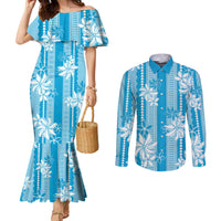 Hawaii Kakau Tribal Couples Matching Mermaid Dress and Long Sleeve Button Shirt With Blue Tiare LT05 Blue - Polynesian Pride