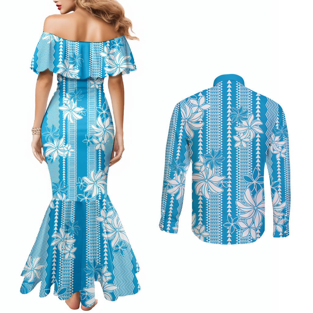 Hawaii Kakau Tribal Couples Matching Mermaid Dress and Long Sleeve Button Shirt With Blue Tiare LT05 - Polynesian Pride