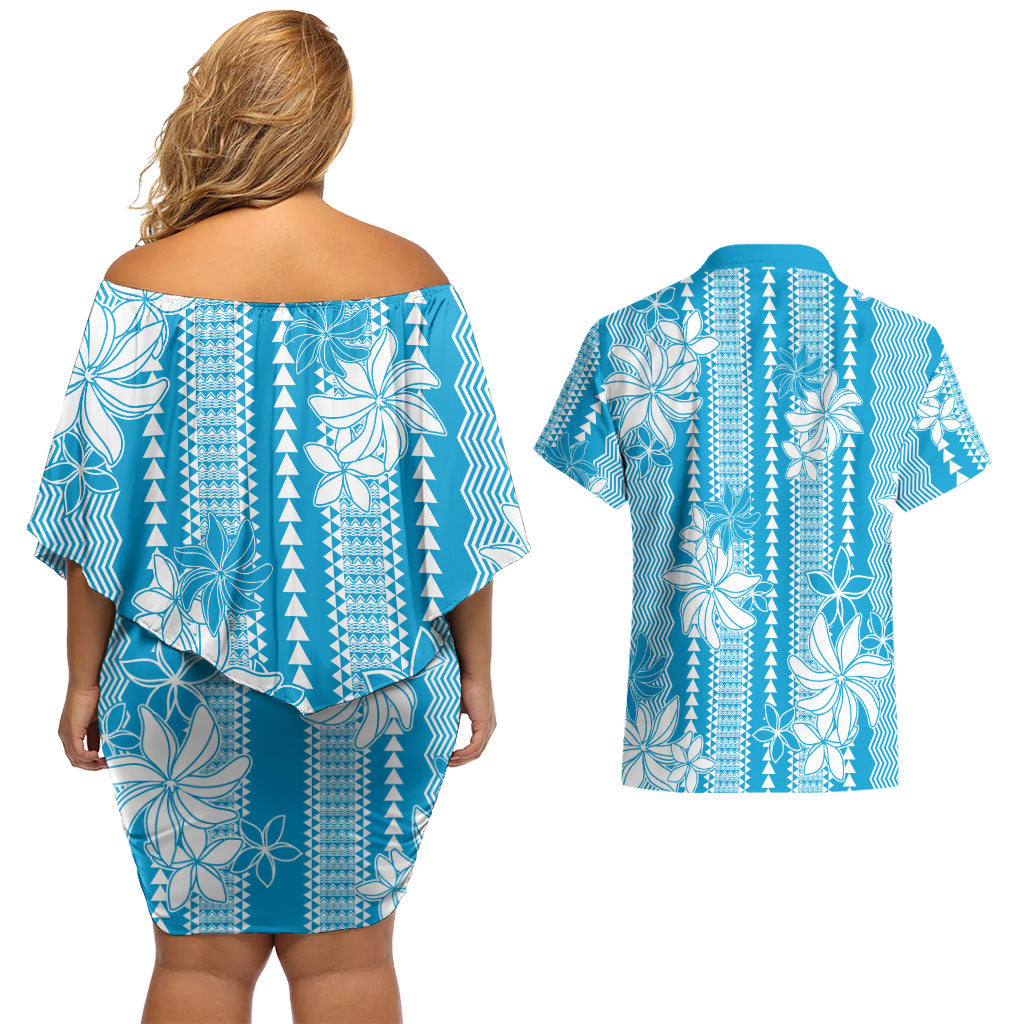 Hawaii Kakau Tribal Couples Matching Off Shoulder Short Dress and Hawaiian Shirt With Blue Tiare LT05 - Polynesian Pride