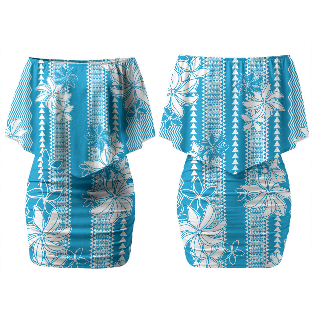 Hawaii Kakau Tribal Couples Matching Off Shoulder Short Dress and Long Sleeve Button Shirt With Blue Tiare LT05 - Polynesian Pride