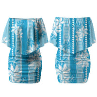 Hawaii Kakau Tribal Couples Matching Off Shoulder Short Dress and Long Sleeve Button Shirt With Blue Tiare LT05 - Polynesian Pride