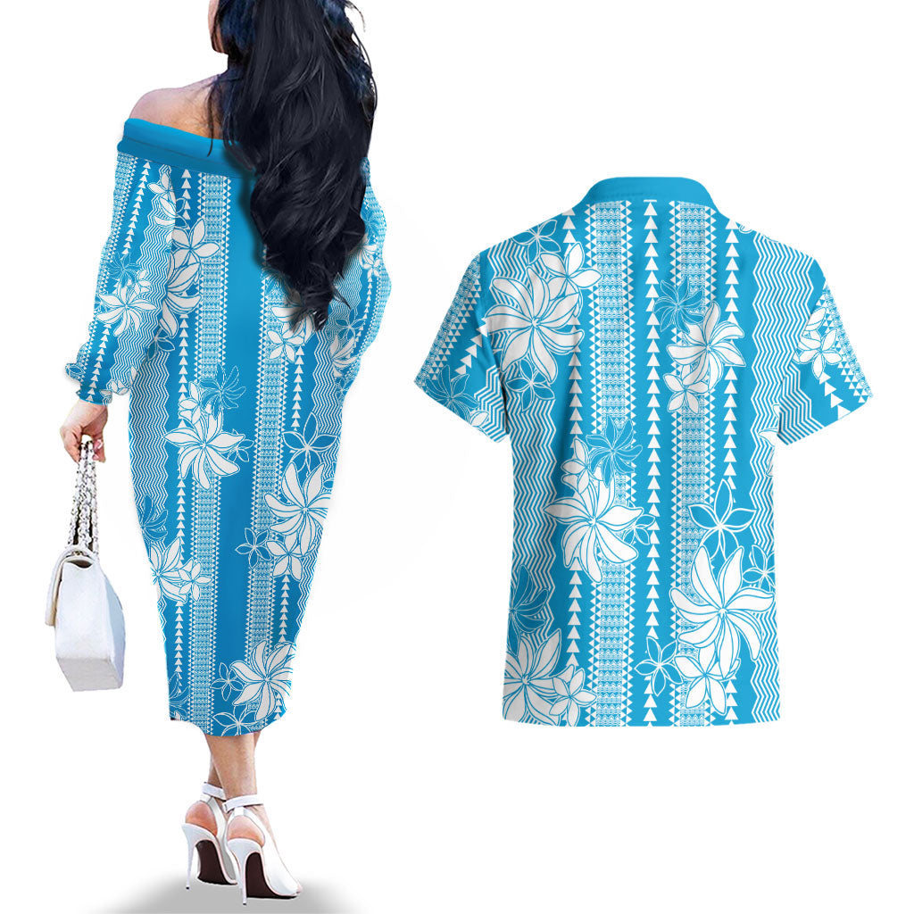Hawaii Kakau Tribal Couples Matching Off The Shoulder Long Sleeve Dress and Hawaiian Shirt With Blue Tiare LT05 - Polynesian Pride