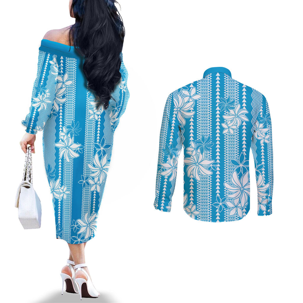 Hawaii Kakau Tribal Couples Matching Off The Shoulder Long Sleeve Dress and Long Sleeve Button Shirt With Blue Tiare LT05 - Polynesian Pride
