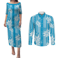 Hawaii Kakau Tribal Couples Matching Puletasi and Long Sleeve Button Shirt With Blue Tiare LT05 Blue - Polynesian Pride