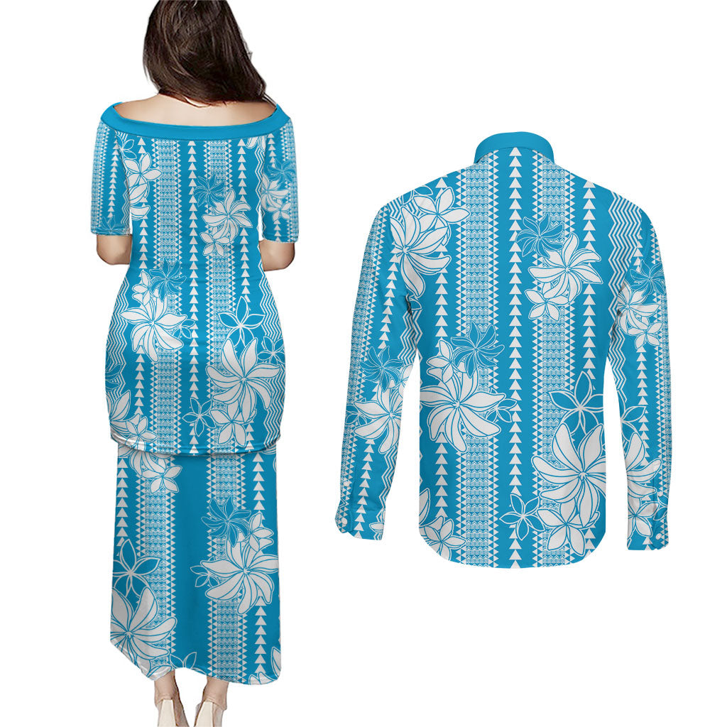 Hawaii Kakau Tribal Couples Matching Puletasi and Long Sleeve Button Shirt With Blue Tiare LT05 - Polynesian Pride