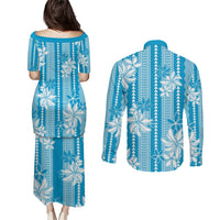 Hawaii Kakau Tribal Couples Matching Puletasi and Long Sleeve Button Shirt With Blue Tiare LT05 - Polynesian Pride