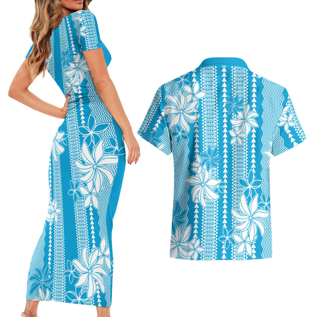 Hawaii Kakau Tribal Couples Matching Short Sleeve Bodycon Dress and Hawaiian Shirt With Blue Tiare LT05 - Polynesian Pride