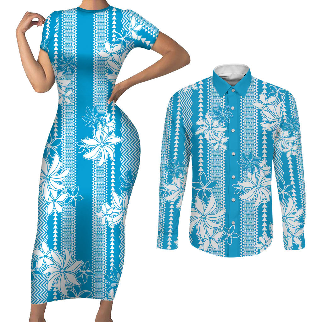 Hawaii Kakau Tribal Couples Matching Short Sleeve Bodycon Dress and Long Sleeve Button Shirt With Blue Tiare LT05 Blue - Polynesian Pride