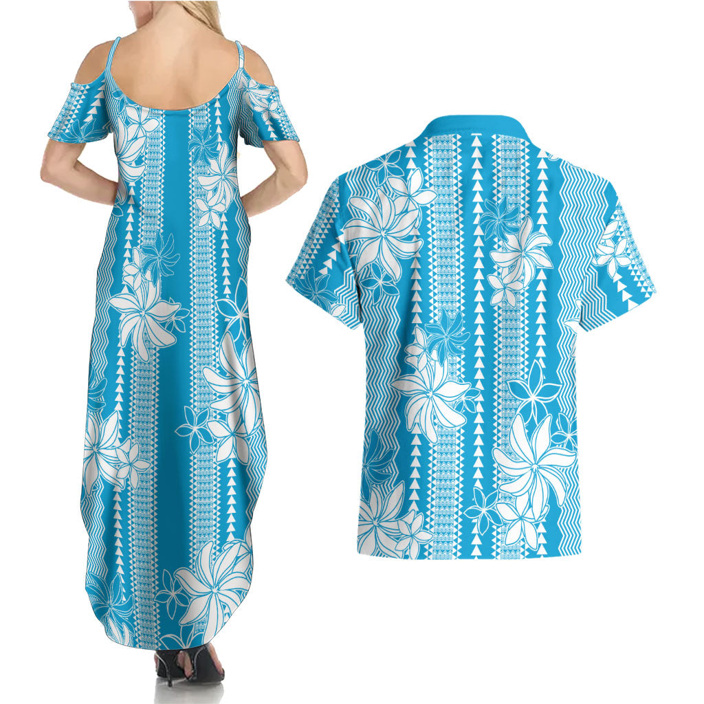 Hawaii Kakau Tribal Couples Matching Summer Maxi Dress and Hawaiian Shirt With Blue Tiare LT05 - Polynesian Pride