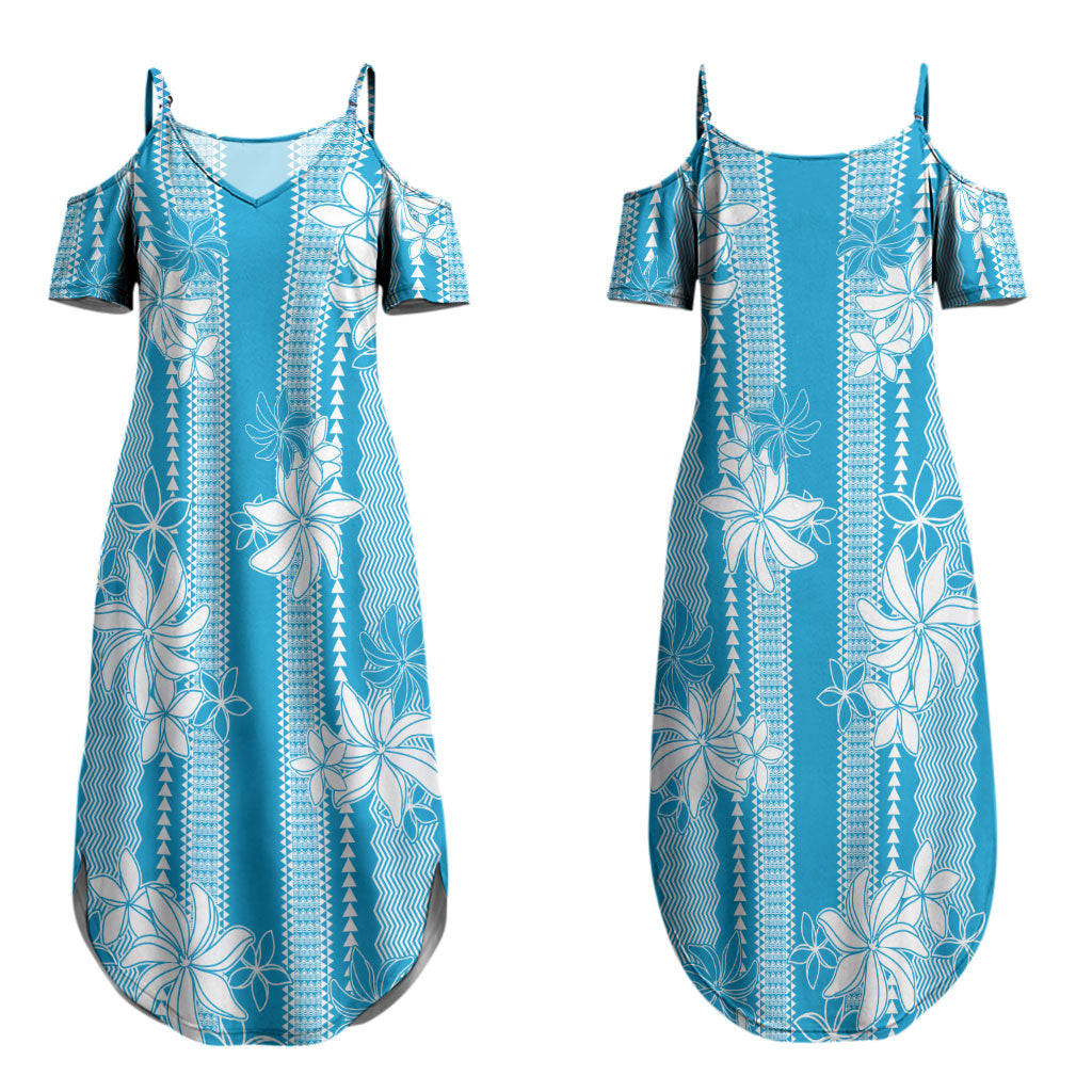 Hawaii Kakau Tribal Couples Matching Summer Maxi Dress and Long Sleeve Button Shirt With Blue Tiare LT05 - Polynesian Pride