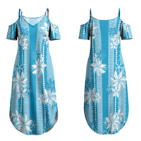 Hawaii Kakau Tribal Couples Matching Summer Maxi Dress and Long Sleeve Button Shirt With Blue Tiare LT05 - Polynesian Pride